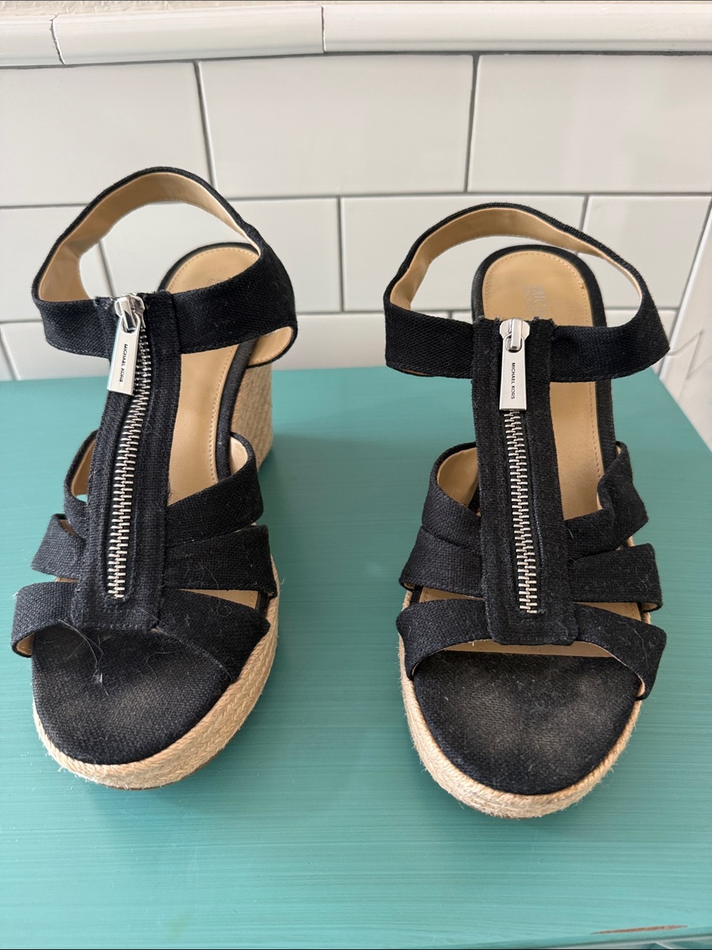 MICHAEL Michael Kors Berkeley Black Canvas Espadrille Zip Wedge Sandals